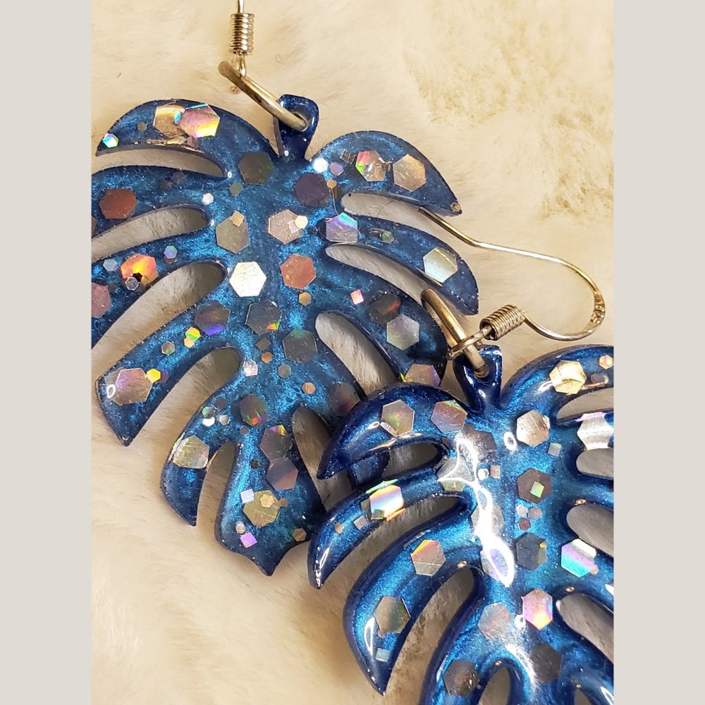 Glittery Blue Tropical Monstera Leaf Earrings - Picture 3 of 3